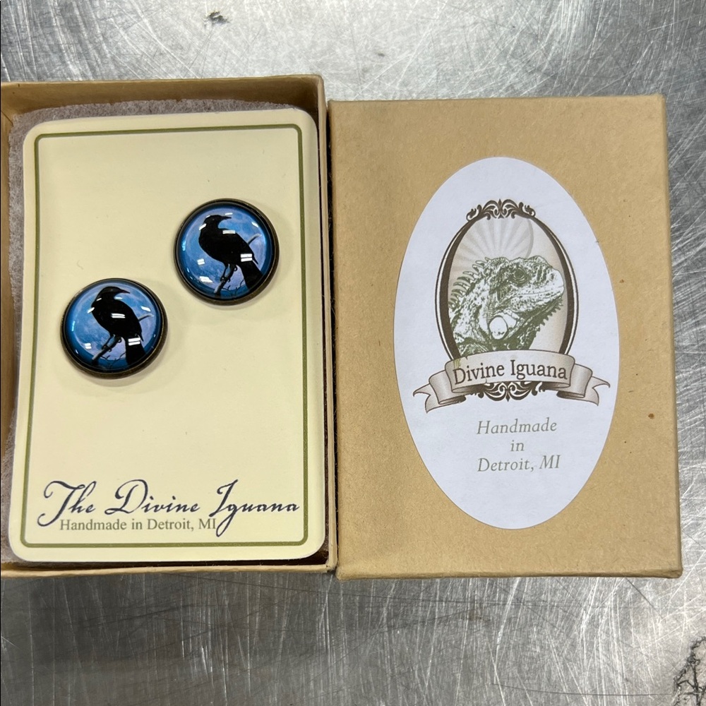 Divine Iguana Blue Crow Silhouette Earrings